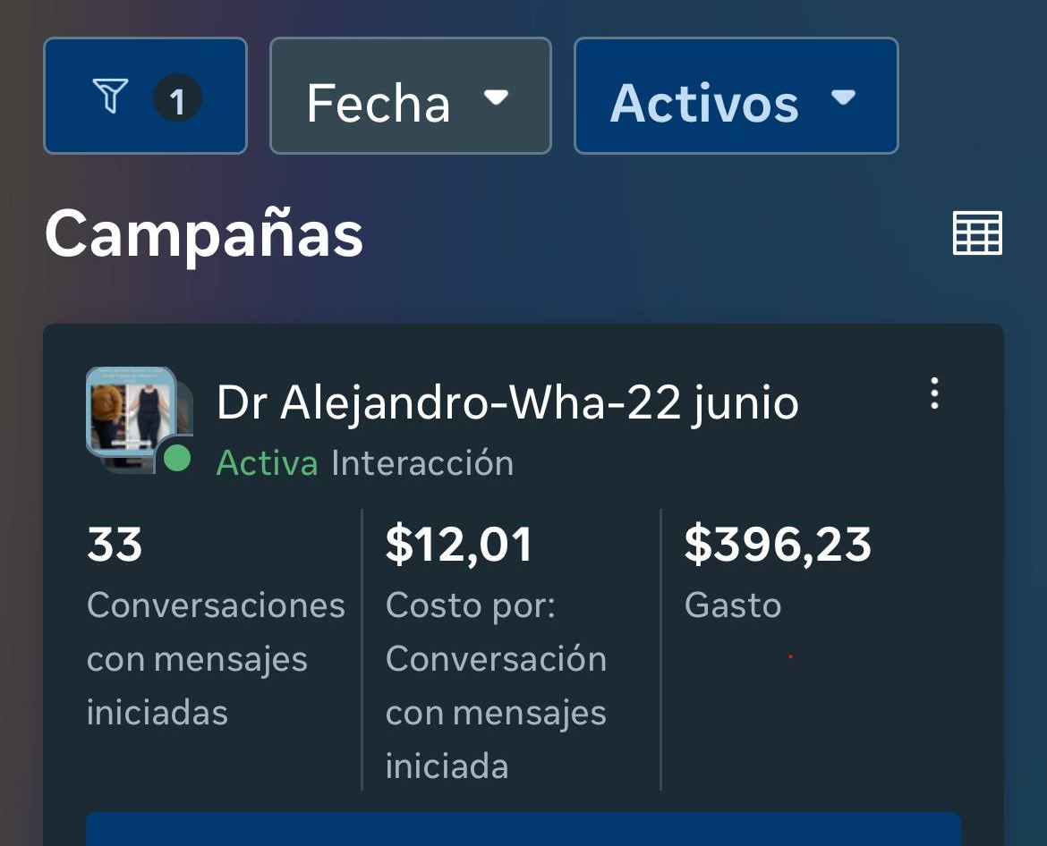 Dashboard mostrando 33 conversaciones y gasto de $396.23